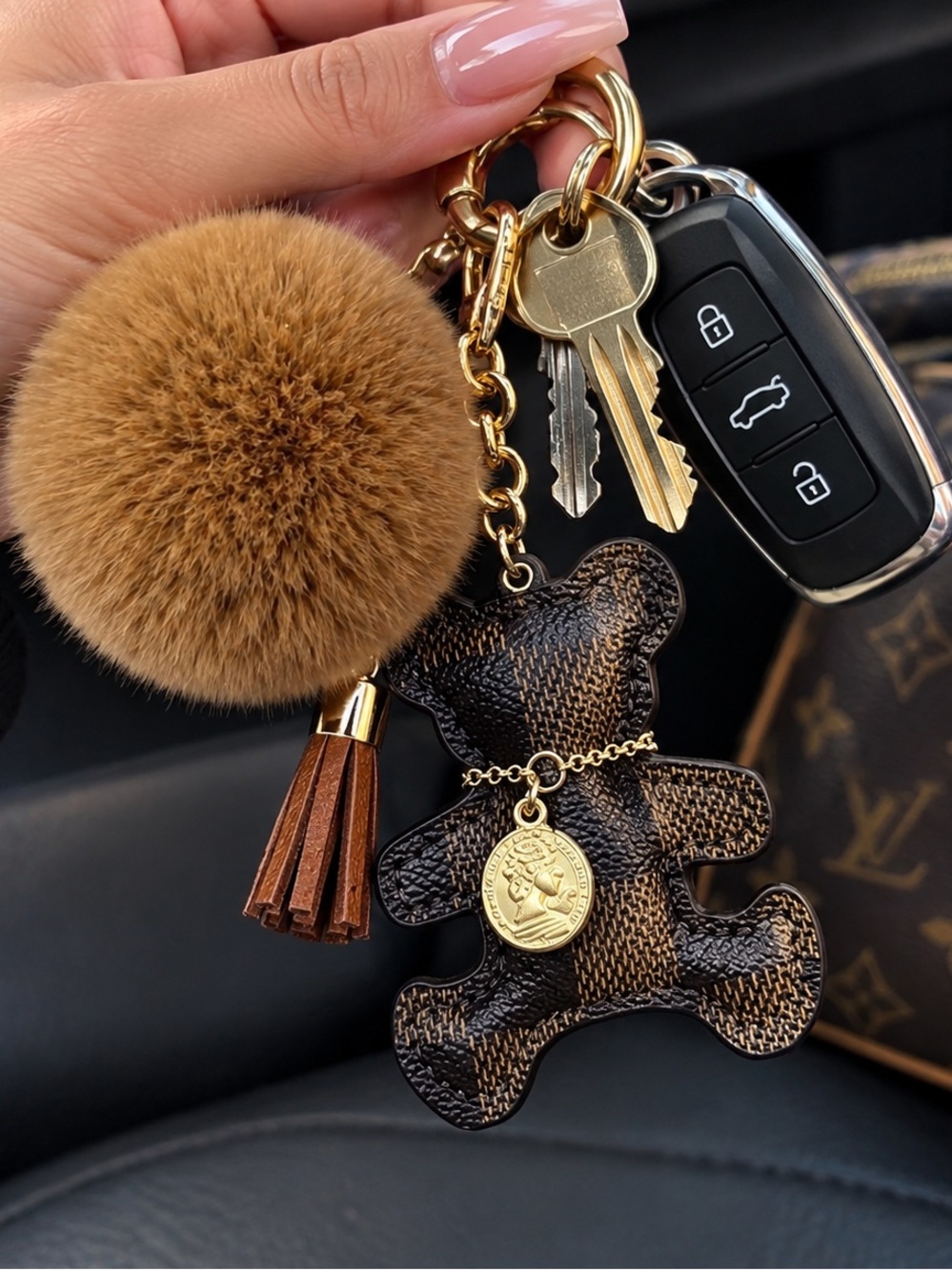 Brown Teddy Bear Keychain with Pom Pom
